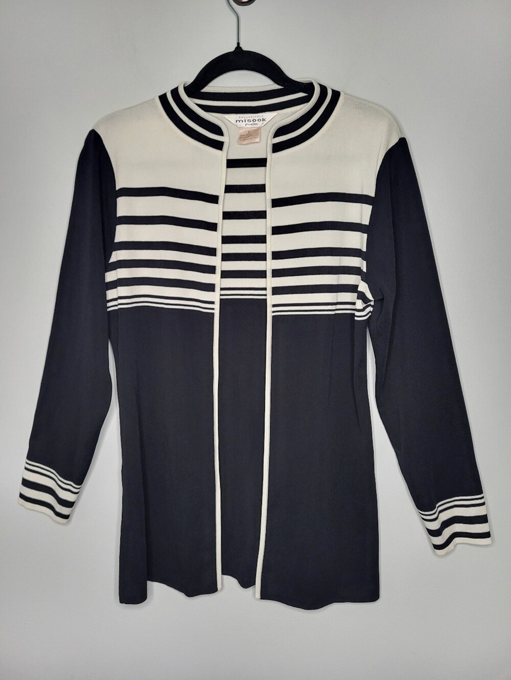 Misook Black & White Open Front Knit Cardigan Size PM